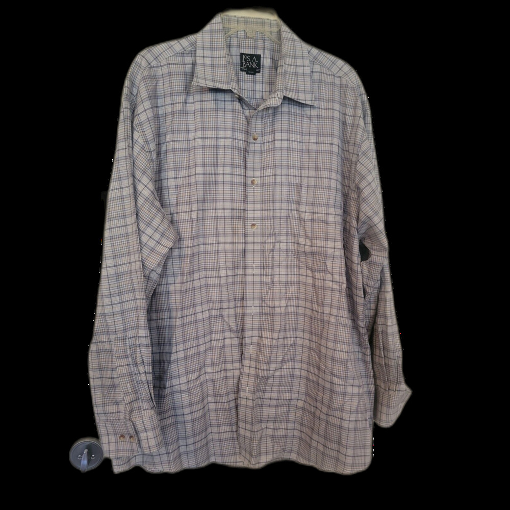 Jos A Bank Traveler Mens XL Long Sleeve Dress Shirt Plaid Beige Gray
